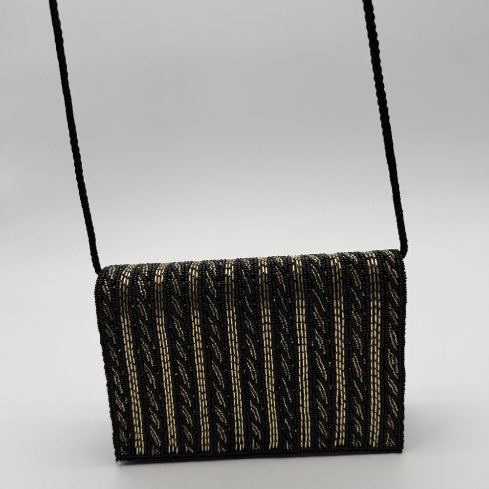 Talbots Beaded Small Black & Gold Clutch Bag 5 x 7.5 Formal Wedding - Picture 6 of 9